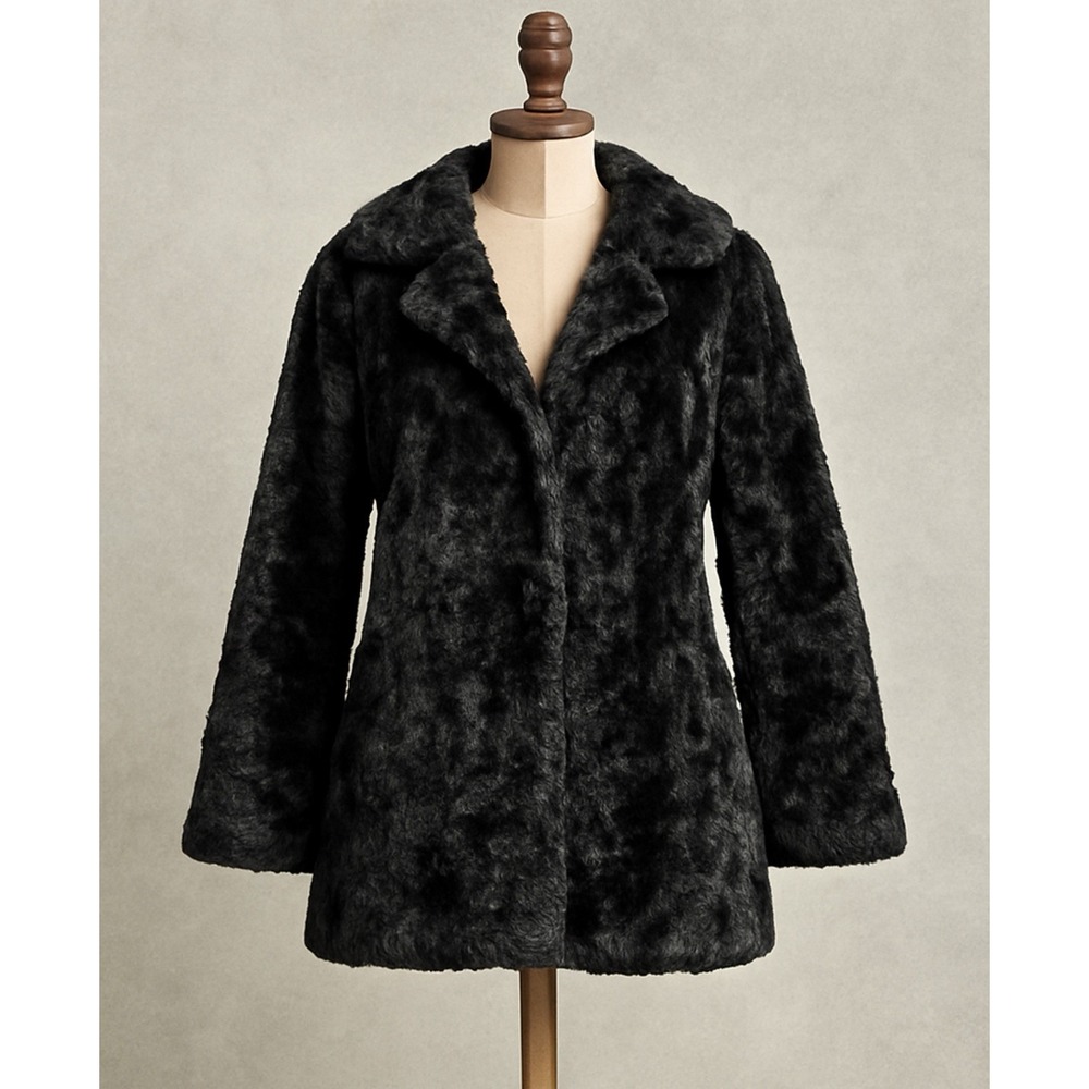 Pamela McCoy Tiger Mills Women's Black Faux Fur Coat Small Pockets Soft Luxury